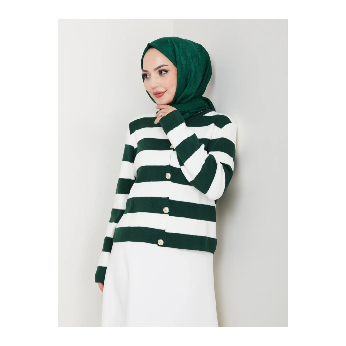 KADIN ZÜMRÜT KREM ÇİZGİLİ HIRKA GOLD DÜĞMELİ TRİKO HIRKA