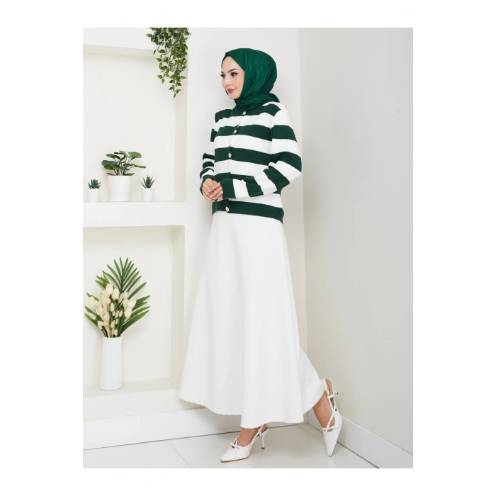 KADIN ZÜMRÜT KREM ÇİZGİLİ HIRKA GOLD DÜĞMELİ TRİKO HIRKA