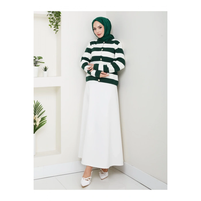 KADIN ZÜMRÜT KREM ÇİZGİLİ HIRKA GOLD DÜĞMELİ TRİKO HIRKA