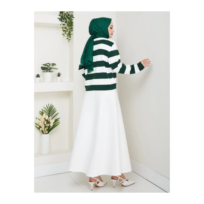 KADIN ZÜMRÜT KREM ÇİZGİLİ HIRKA GOLD DÜĞMELİ TRİKO HIRKA