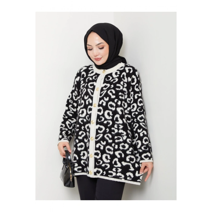 KADIN LEOPAR DESEN UZUN HIRKA YUMOŞ TRİKO GOLD DÜĞMELİ SİYAH