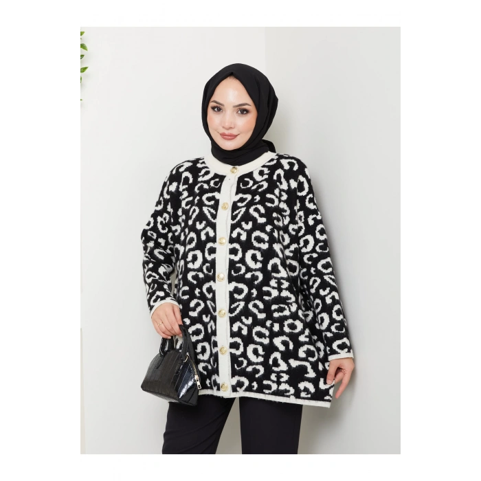 KADIN LEOPAR DESEN UZUN HIRKA YUMOŞ TRİKO GOLD DÜĞMELİ SİYAH