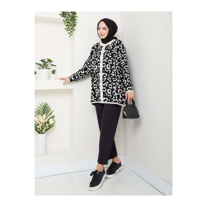KADIN LEOPAR DESEN UZUN HIRKA YUMOŞ TRİKO GOLD DÜĞMELİ SİYAH