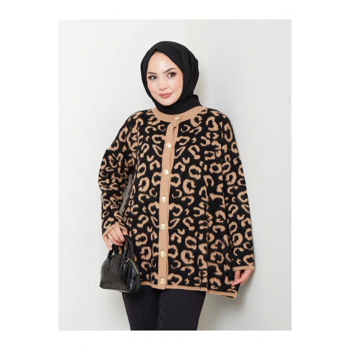 KADIN LEOPAR DESEN UZUN HIRKA YUMOŞ TRİKO GOLD DÜĞMELİ KAHVE