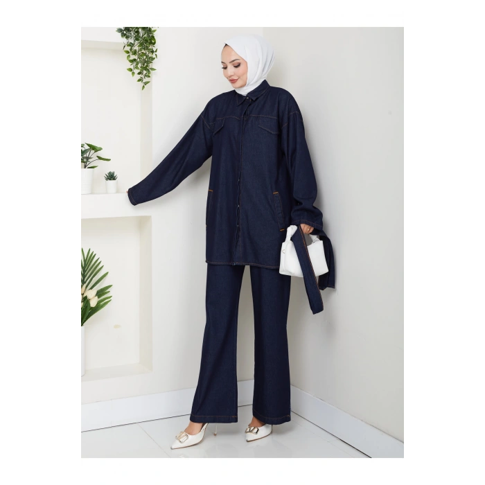 KADIN CEP DETAYLI KÜŞAKLI DENİM CEKET PANTALON TAKIM JEAN PREMİUM