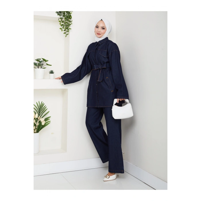 KADIN CEP DETAYLI KÜŞAKLI DENİM CEKET PANTALON TAKIM JEAN PREMİUM