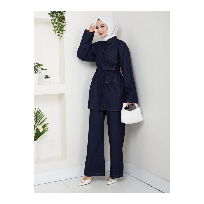 KADIN CEP DETAYLI KÜŞAKLI DENİM CEKET PANTALON TAKIM JEAN PREMİUM