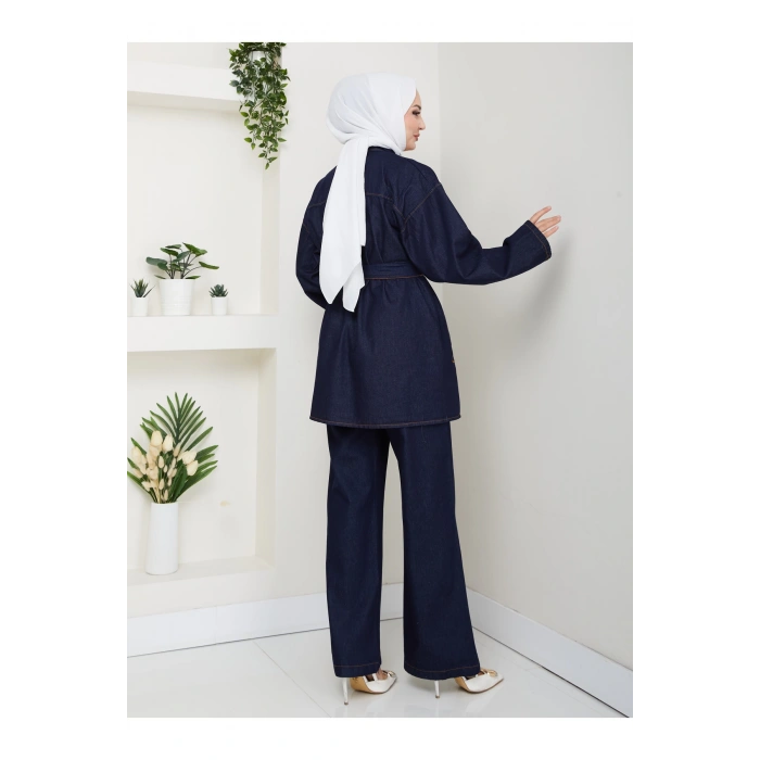 KADIN CEP DETAYLI KÜŞAKLI DENİM CEKET PANTALON TAKIM JEAN PREMİUM