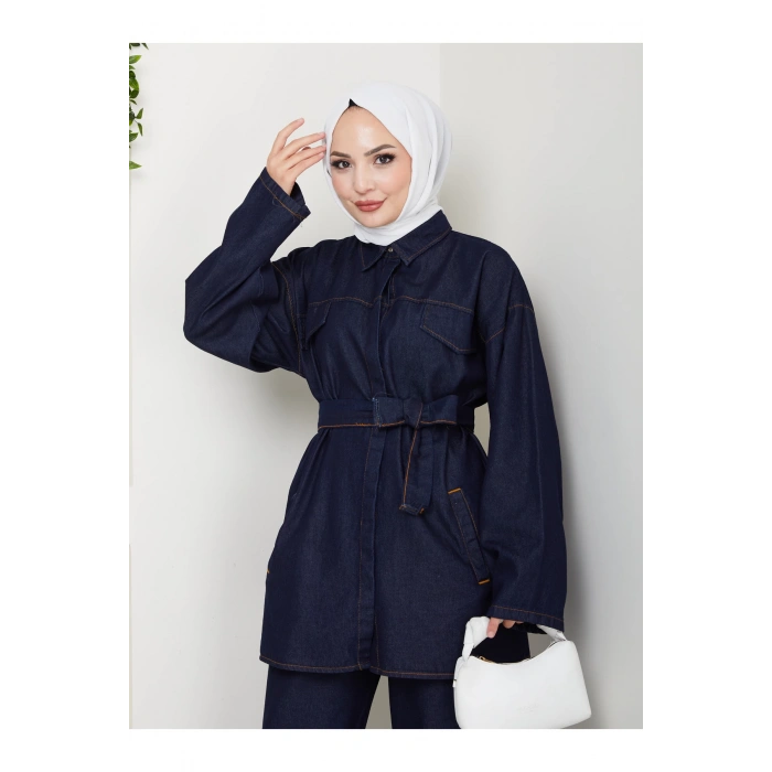 KADIN CEP DETAYLI KÜŞAKLI DENİM CEKET PANTALON TAKIM JEAN PREMİUM