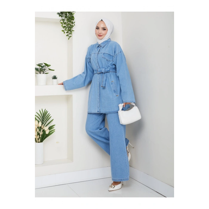 KADIN CEP DETAYLI KÜŞAKLI DENİM CEKET PANTALON TAKIM JEAN PREMİUM