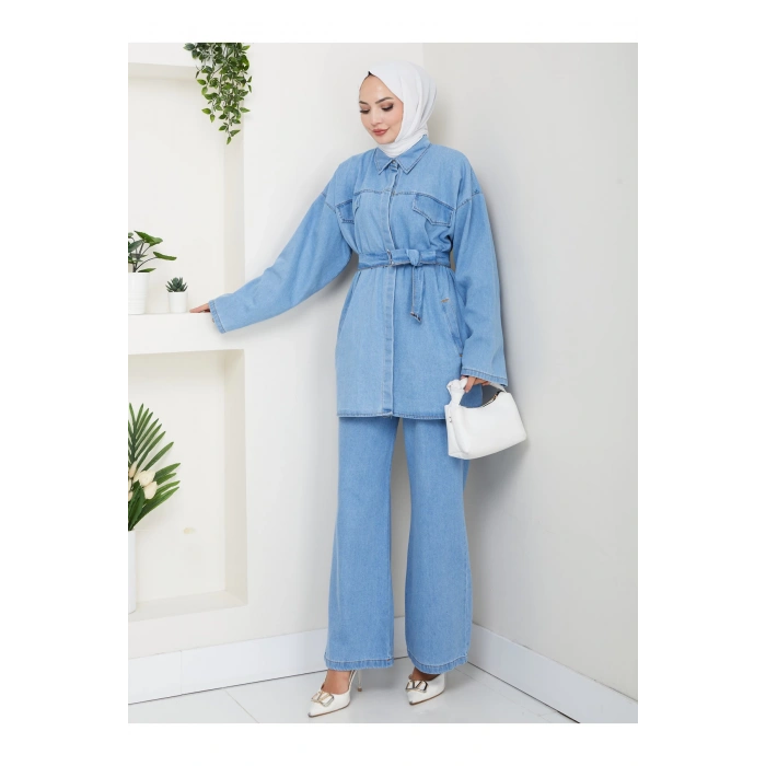 KADIN CEP DETAYLI KÜŞAKLI DENİM CEKET PANTALON TAKIM JEAN PREMİUM