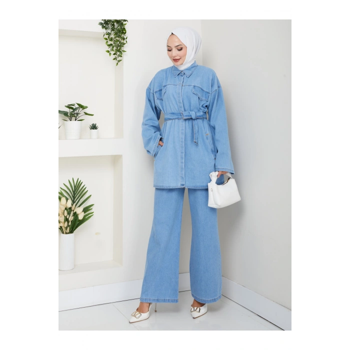 KADIN CEP DETAYLI KÜŞAKLI DENİM CEKET PANTALON TAKIM JEAN PREMİUM