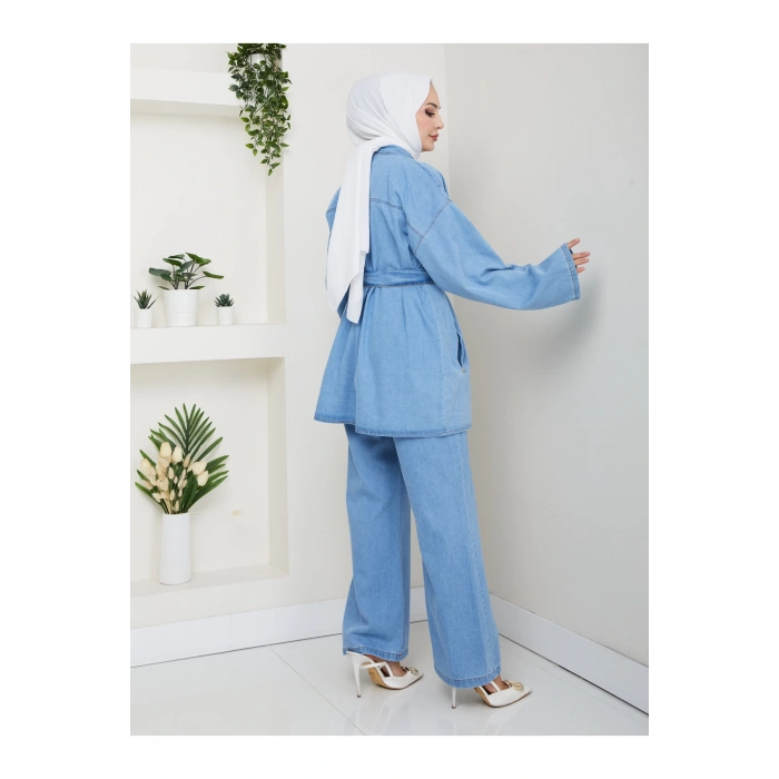 KADIN CEP DETAYLI KÜŞAKLI DENİM CEKET PANTALON TAKIM JEAN PREMİUM