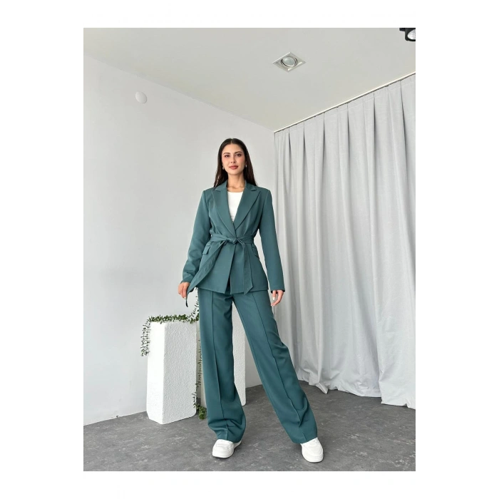 KADIN KUŞAKLI CEKET PANTALON TAKIM ASTARLI