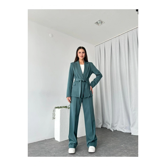 KADIN KUŞAKLI CEKET PANTALON TAKIM ASTARLI