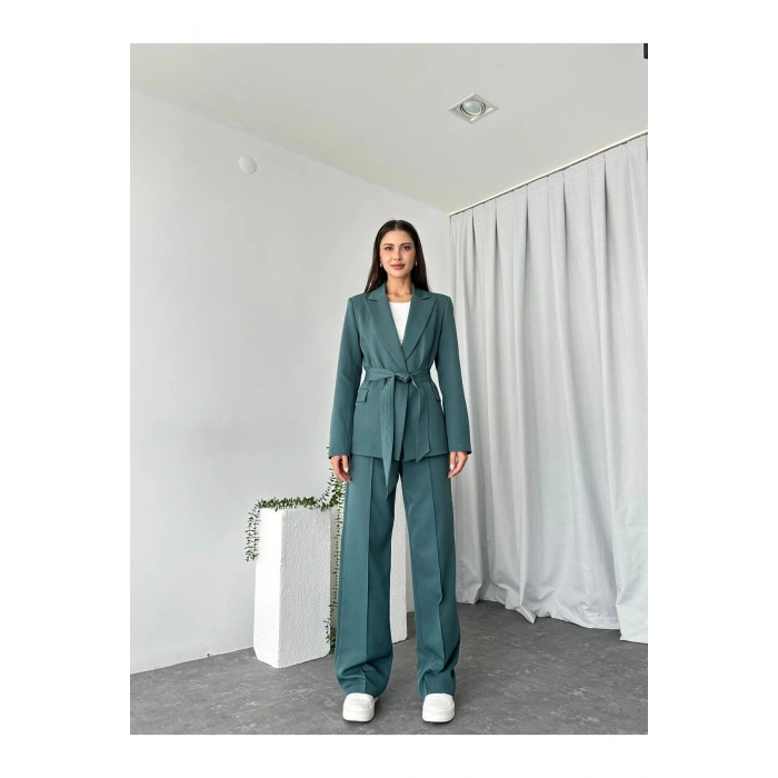 KADIN KUŞAKLI CEKET PANTALON TAKIM ASTARLI