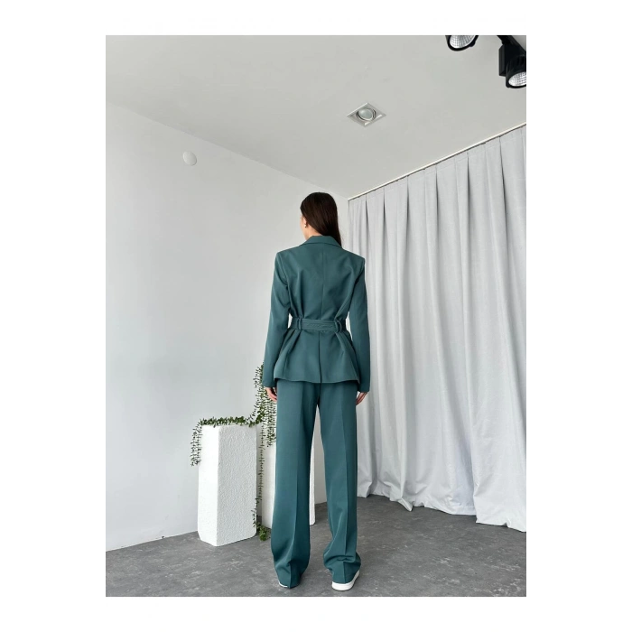 KADIN KUŞAKLI CEKET PANTALON TAKIM ASTARLI