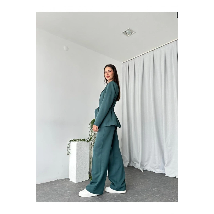 KADIN KUŞAKLI CEKET PANTALON TAKIM ASTARLI