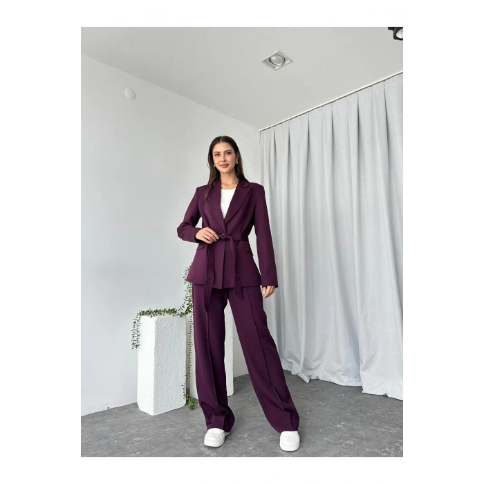 KADIN KUŞAKLI CEKET PANTALON TAKIM ASTARLI