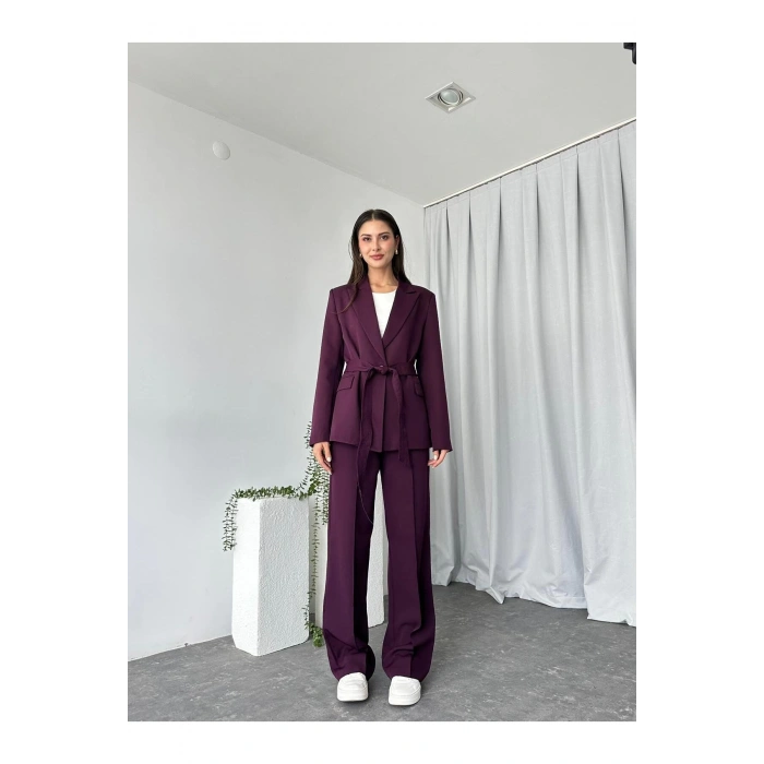 KADIN KUŞAKLI CEKET PANTALON TAKIM ASTARLI