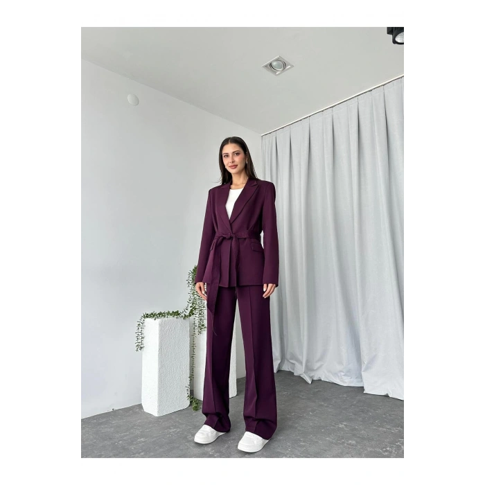 KADIN KUŞAKLI CEKET PANTALON TAKIM ASTARLI