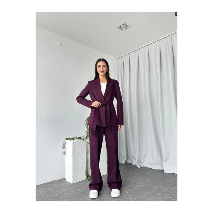 KADIN KUŞAKLI CEKET PANTALON TAKIM ASTARLI