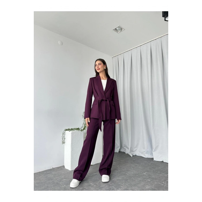 KADIN KUŞAKLI CEKET PANTALON TAKIM ASTARLI