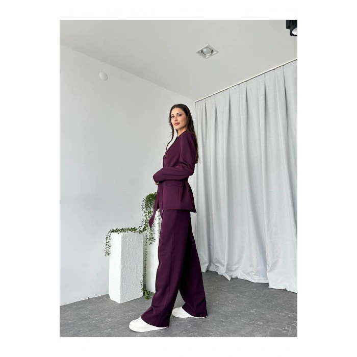 KADIN KUŞAKLI CEKET PANTALON TAKIM ASTARLI