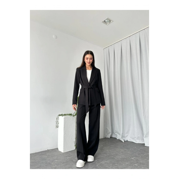 KADIN KUŞAKLI CEKET PANTALON TAKIM ASTARLI