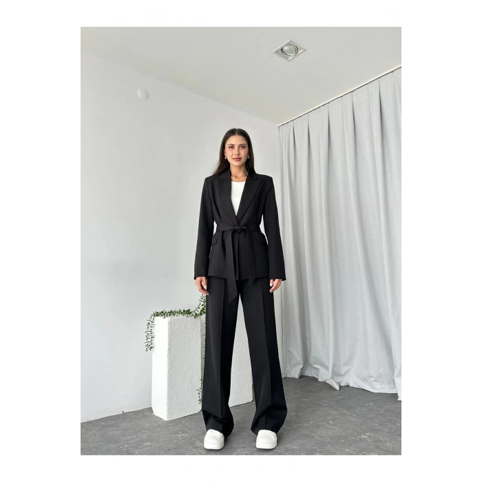 KADIN KUŞAKLI CEKET PANTALON TAKIM ASTARLI