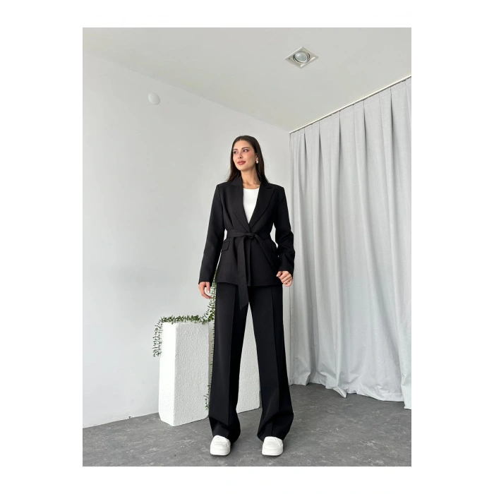 KADIN KUŞAKLI CEKET PANTALON TAKIM ASTARLI