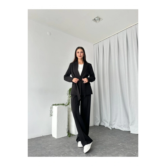 KADIN KUŞAKLI CEKET PANTALON TAKIM ASTARLI