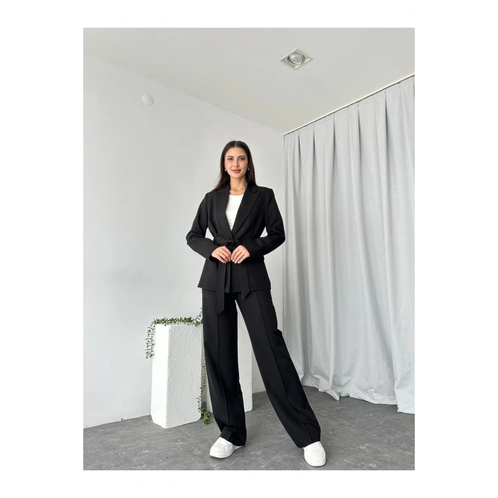 KADIN KUŞAKLI CEKET PANTALON TAKIM ASTARLI