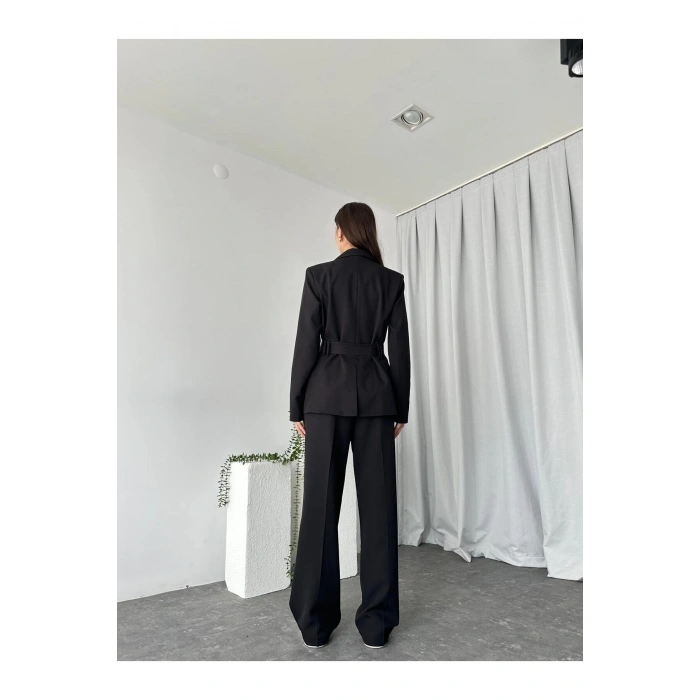 KADIN KUŞAKLI CEKET PANTALON TAKIM ASTARLI