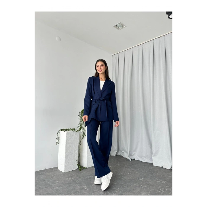 KADIN KUŞAKLI CEKET PANTALON TAKIM ASTARLI