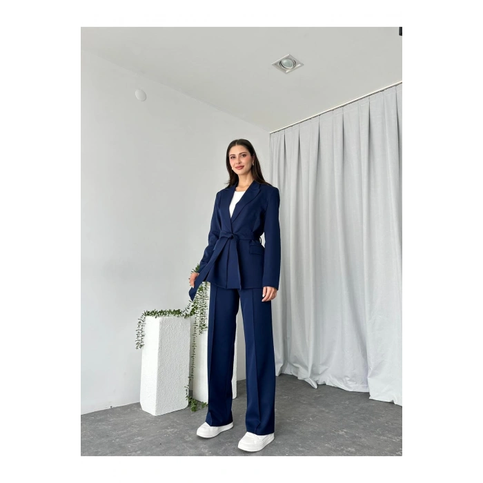 KADIN KUŞAKLI CEKET PANTALON TAKIM ASTARLI