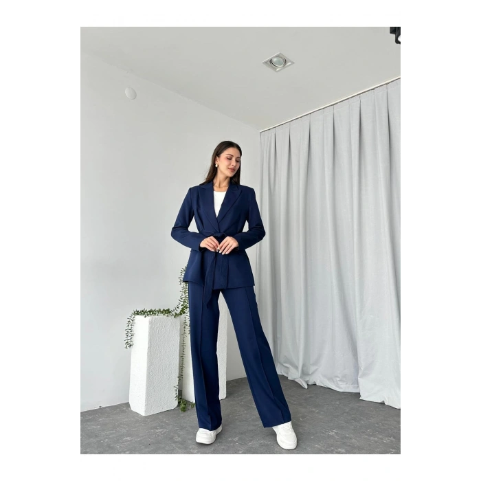 KADIN KUŞAKLI CEKET PANTALON TAKIM ASTARLI