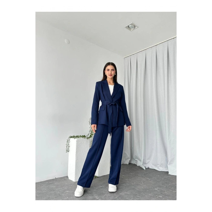 KADIN KUŞAKLI CEKET PANTALON TAKIM ASTARLI