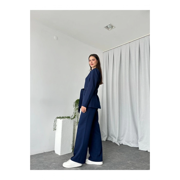 KADIN KUŞAKLI CEKET PANTALON TAKIM ASTARLI