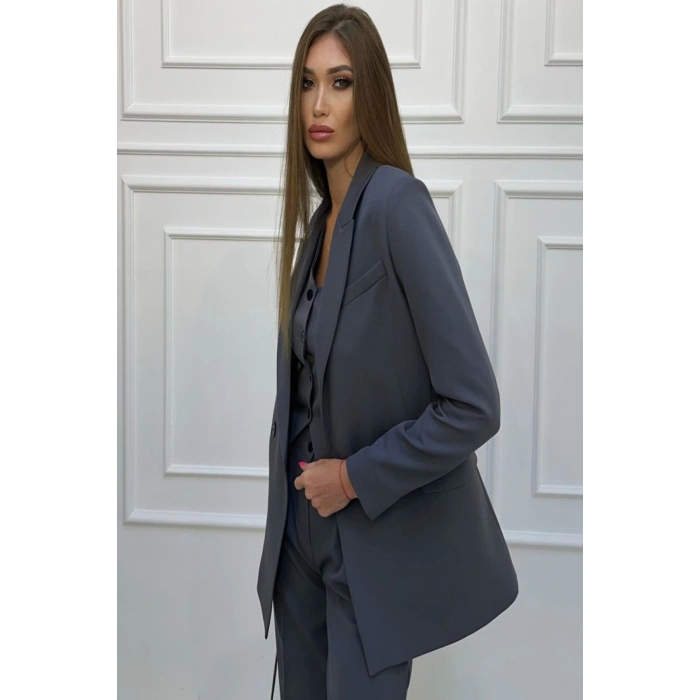 KADIN GRİ BLAZER CEKET YELEK PANTOLON TAKIM ELBİSE 3LÜ