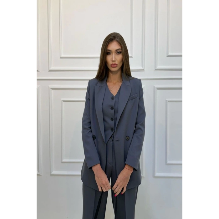 KADIN GRİ BLAZER CEKET YELEK PANTOLON TAKIM ELBİSE 3LÜ