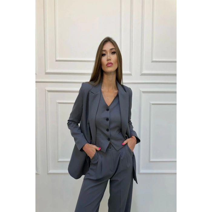 KADIN GRİ BLAZER CEKET YELEK PANTOLON TAKIM ELBİSE 3LÜ