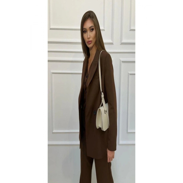 KADIN KAHVERENGİ BLAZER CEKET YELEK PANTOLON TAKIM ELBİSE 3LÜ