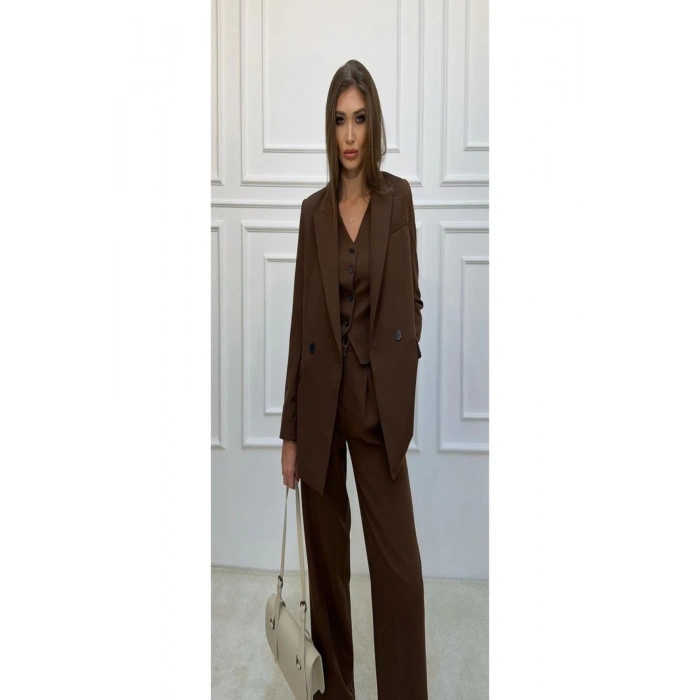 KADIN KAHVERENGİ BLAZER CEKET YELEK PANTOLON TAKIM ELBİSE 3LÜ