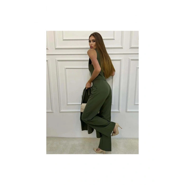 KADIN HAKİ BLAZER CEKET YELEK PANTOLON TAKIM ELBİSE 3LÜ