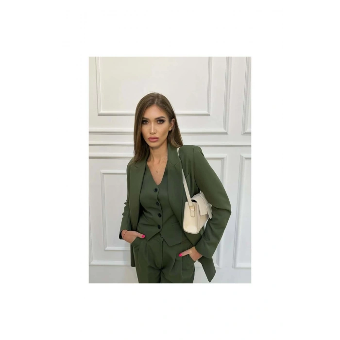 KADIN HAKİ BLAZER CEKET YELEK PANTOLON TAKIM ELBİSE 3LÜ