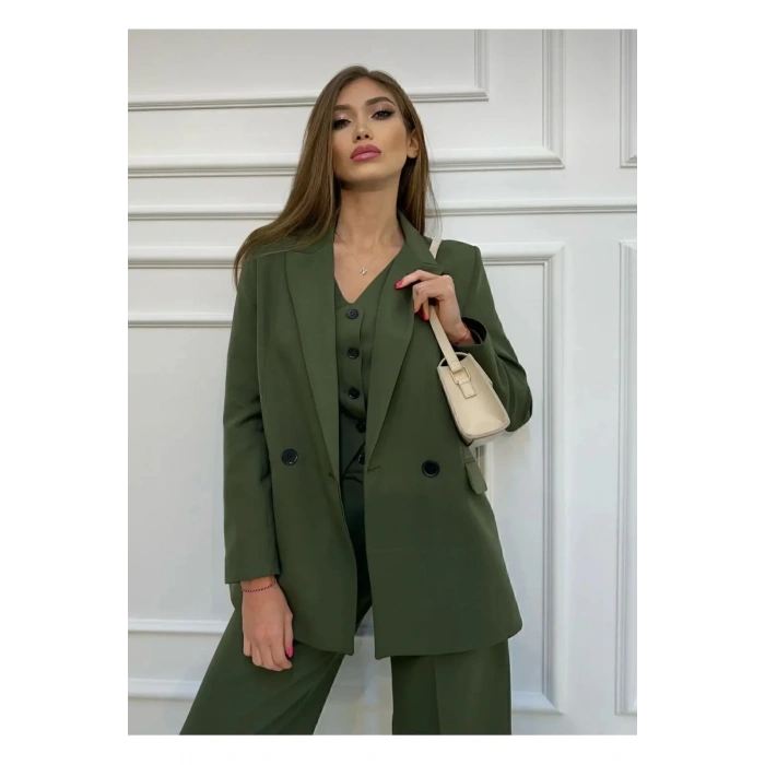 KADIN HAKİ BLAZER CEKET YELEK PANTOLON TAKIM ELBİSE 3LÜ