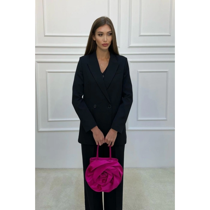 KADIN SİYAH BLAZER CEKET YELEK PANTOLON TAKIM ELBİSE 3LÜ