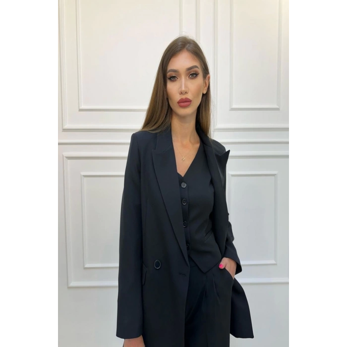 KADIN SİYAH BLAZER CEKET YELEK PANTOLON TAKIM ELBİSE 3LÜ