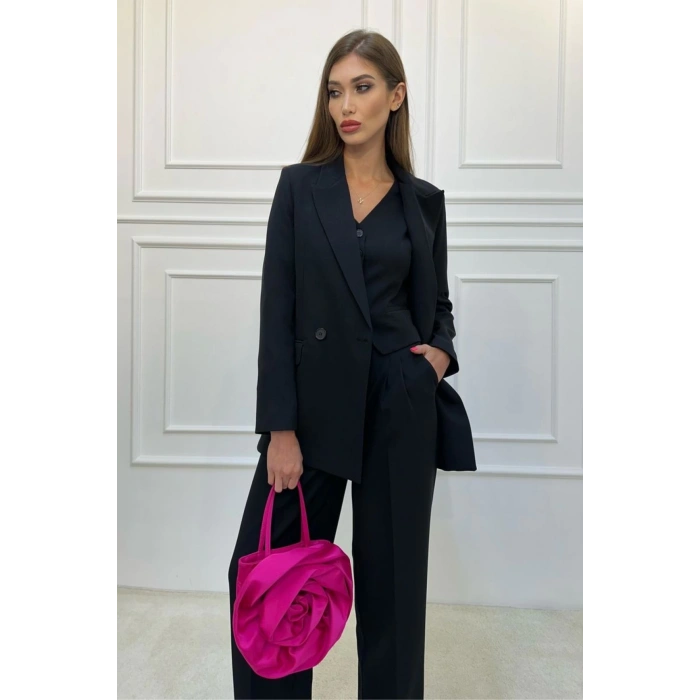 KADIN SİYAH BLAZER CEKET YELEK PANTOLON TAKIM ELBİSE 3LÜ